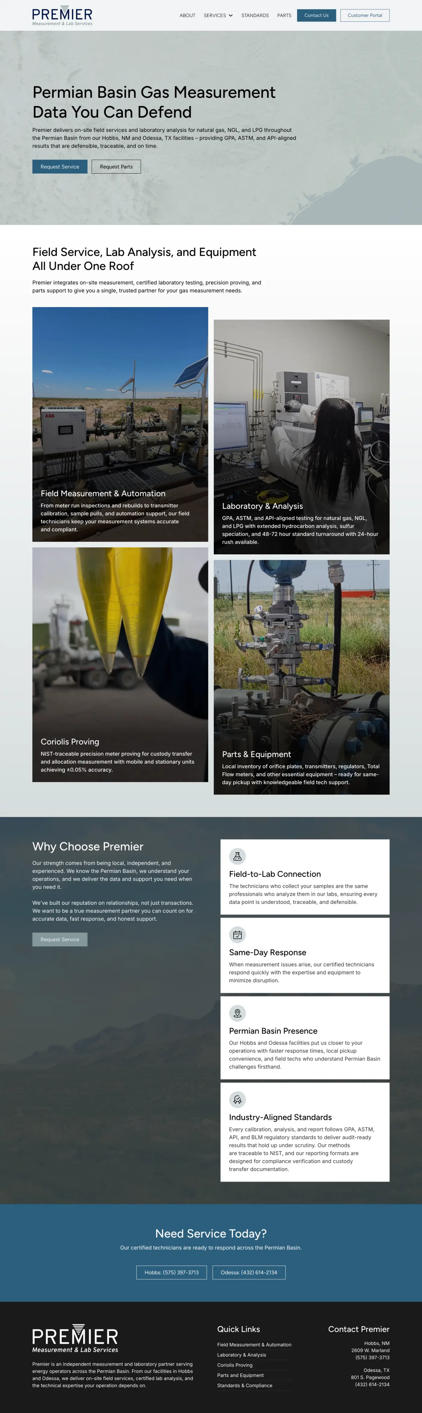 Premier Measurement & Lab Services web design mockup